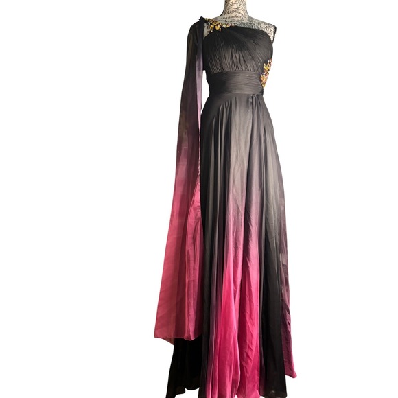 Nina Canacci Black Fuschia Ombre One Shoulder Gown Beaded Embellished Size 2 - Picture 3 of 11